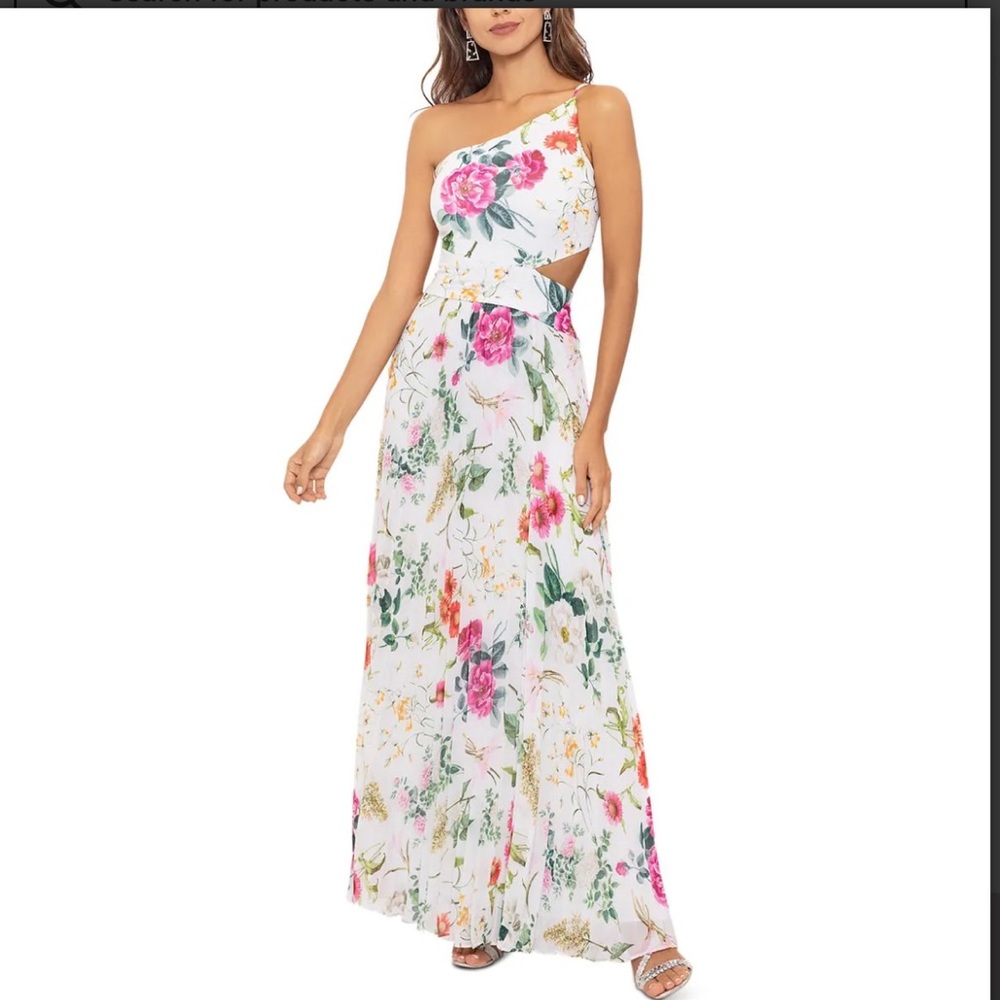 Betsy and Adam Floral Chiffon One Shoulder Cut-out Maxi Dress